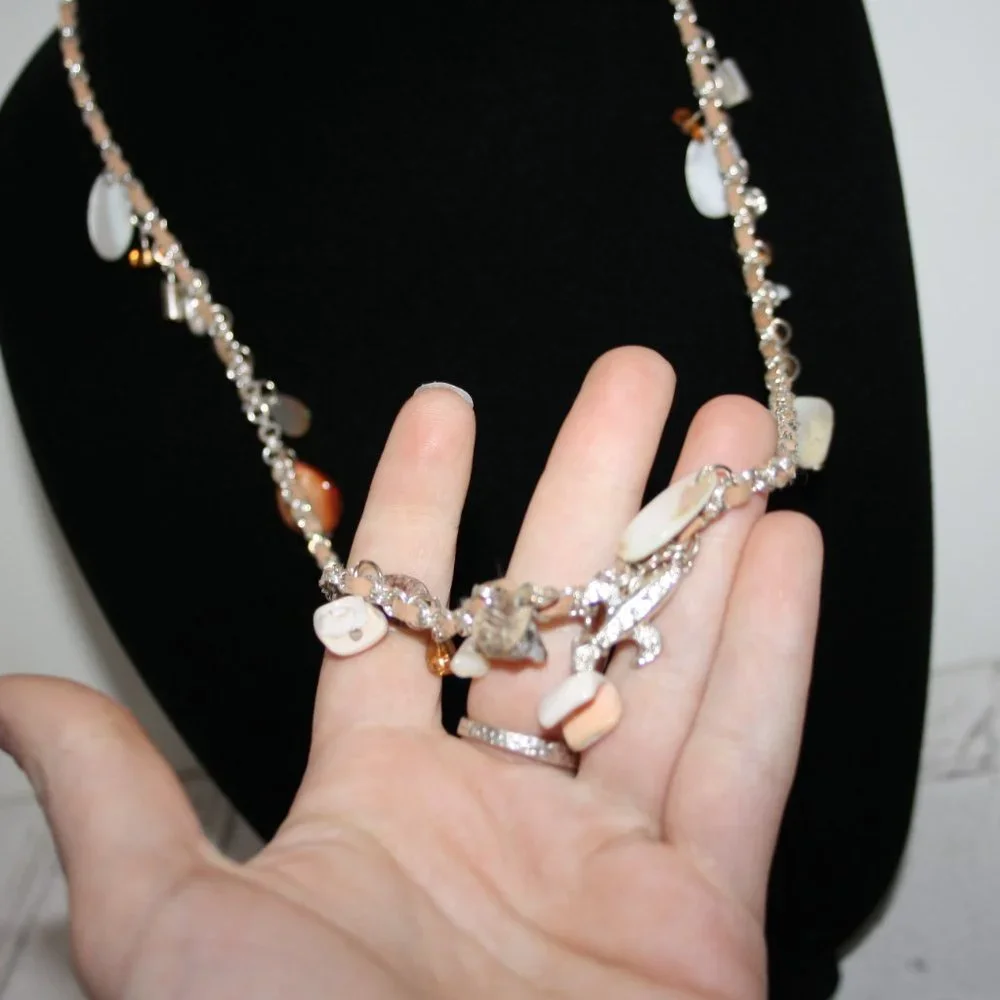🐚 Silver, Peach & Shell Charm Necklace · 36” Statement Length